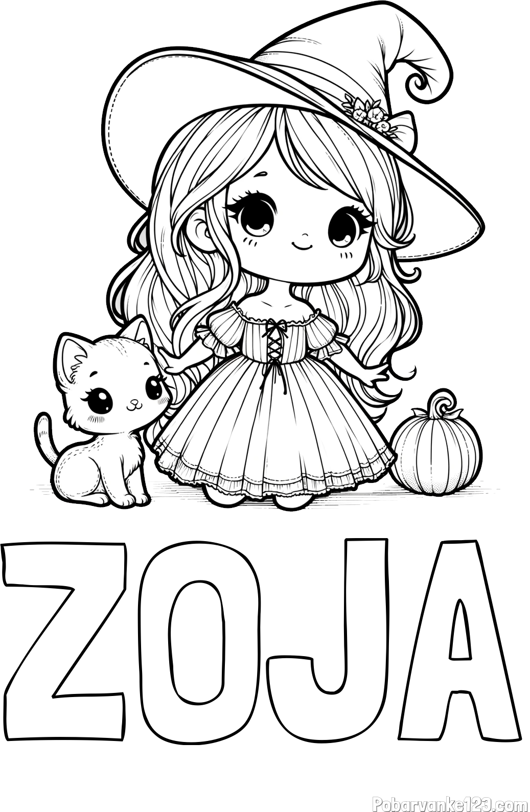 Pobarvanka imena ZOJA in pobarvanka ljubke čarovnice, muce in buče