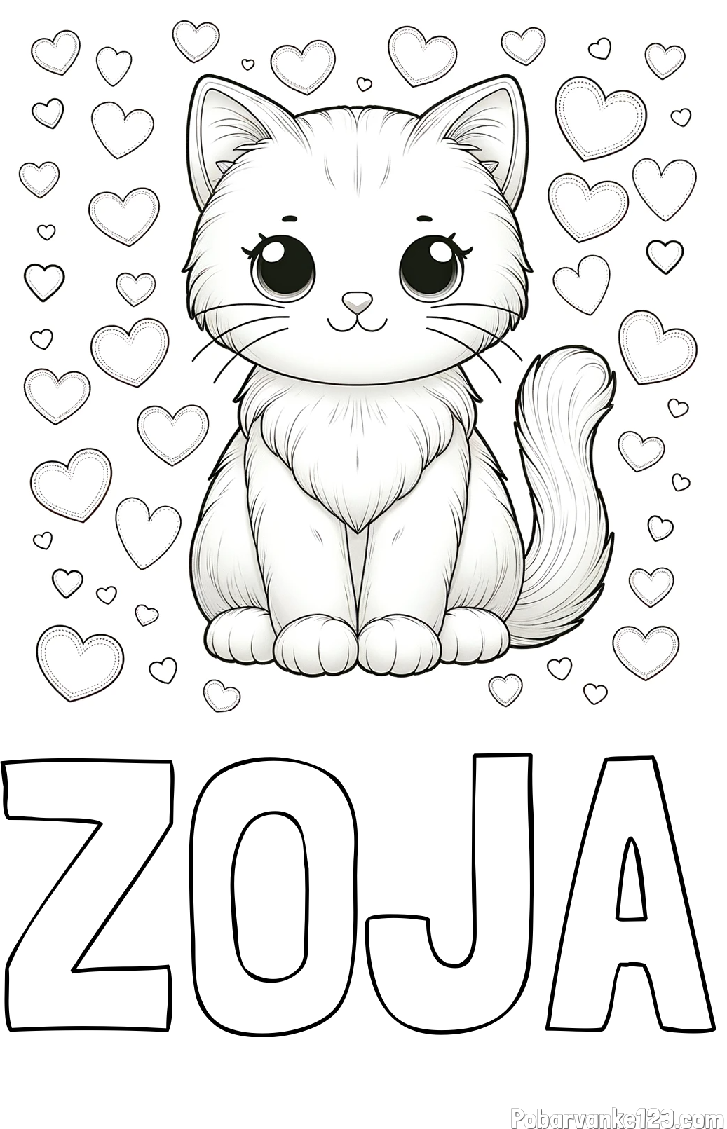 Pobarvanka imena ZOJA in pobarvanka ljubke mucke obdane s srčki