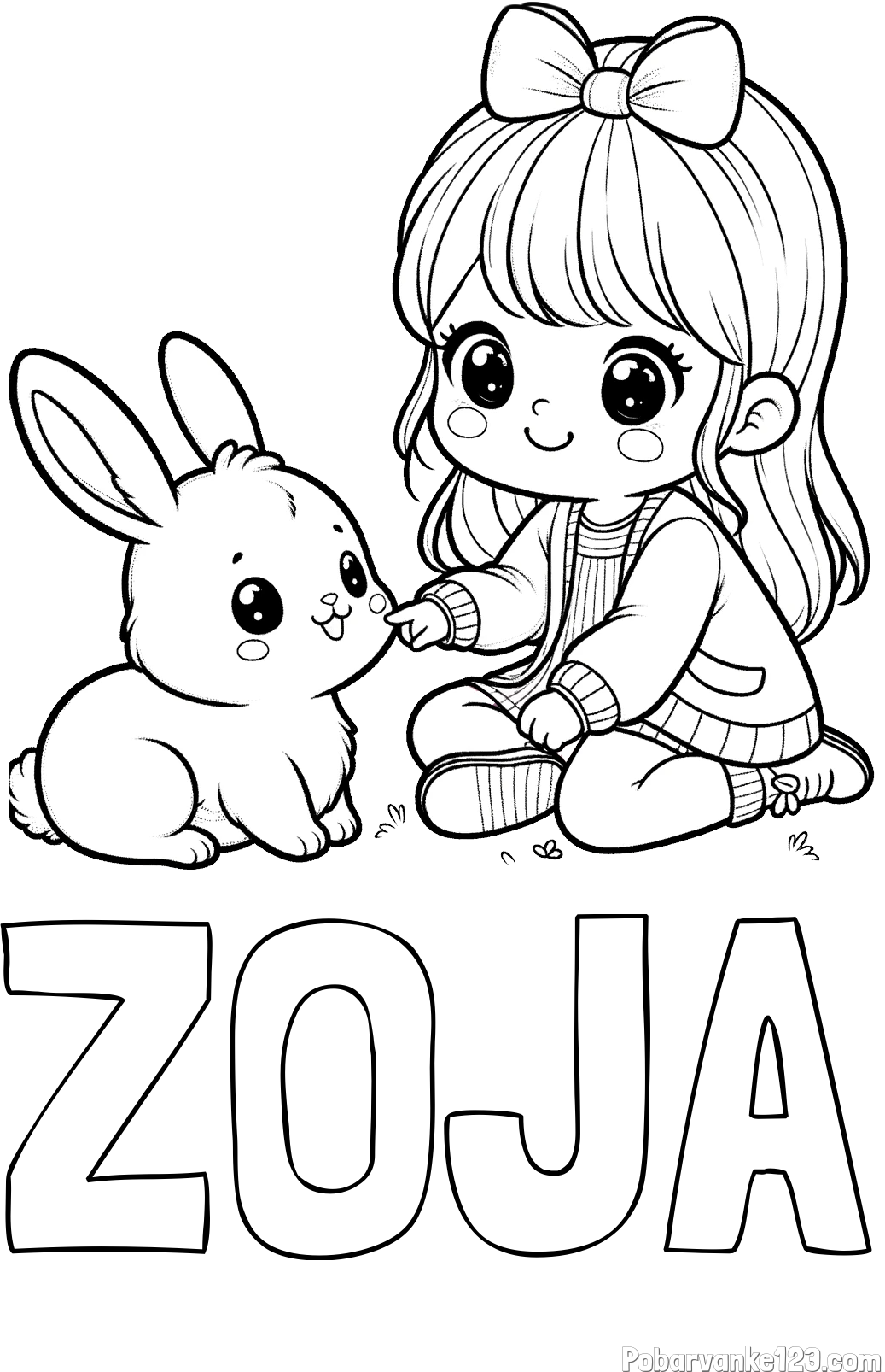 Pobarvanka imena ZOJA in pobarvanka ljubke punčke, ki se igra z zajčkom