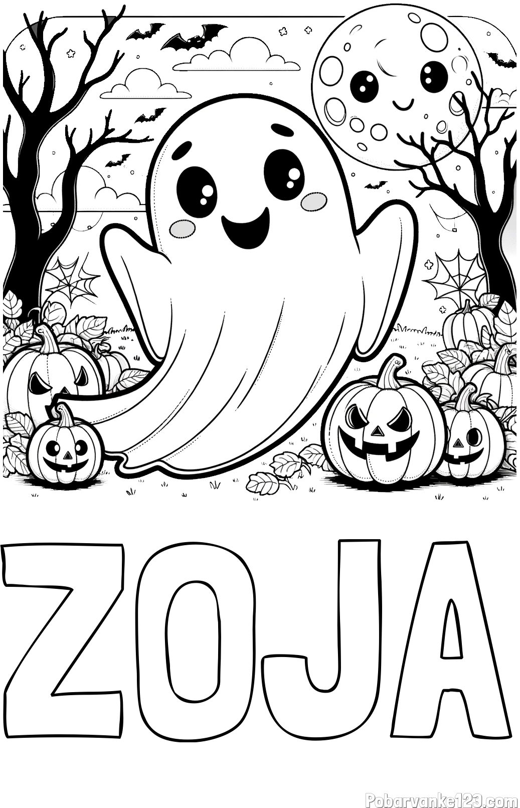 Pobarvanka imena ZOJA in pobarvanka ljubkega duhca in buč za noč čarovnic