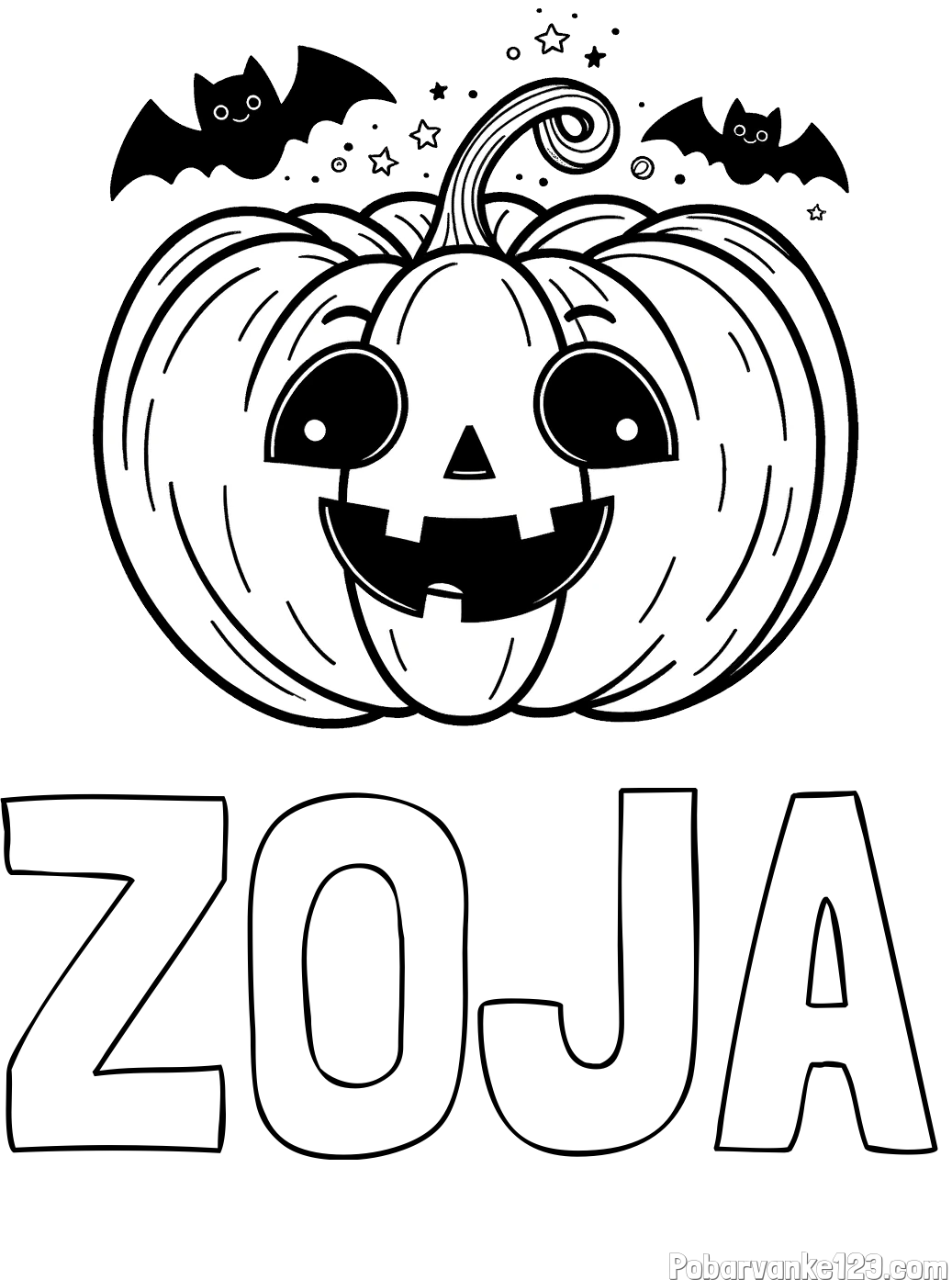 Pobarvanka imena ZOJA in pobarvanka nasmejane buče ter dveh netopirjev za noč čarovnic