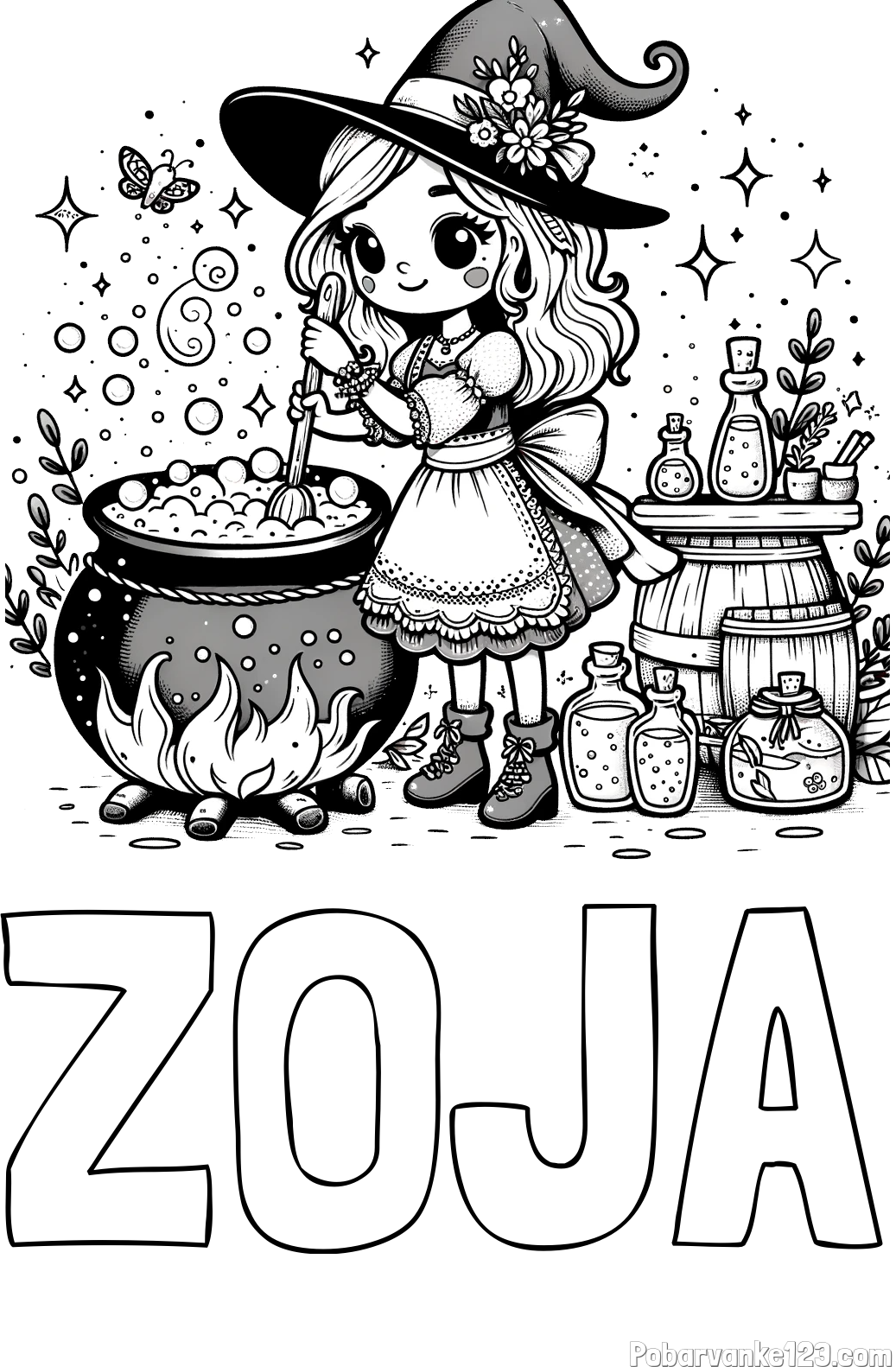 Pobarvanka imena ZOJA in pobarvanka prikupna čarovnica, ki pripravlja čarobni napoj