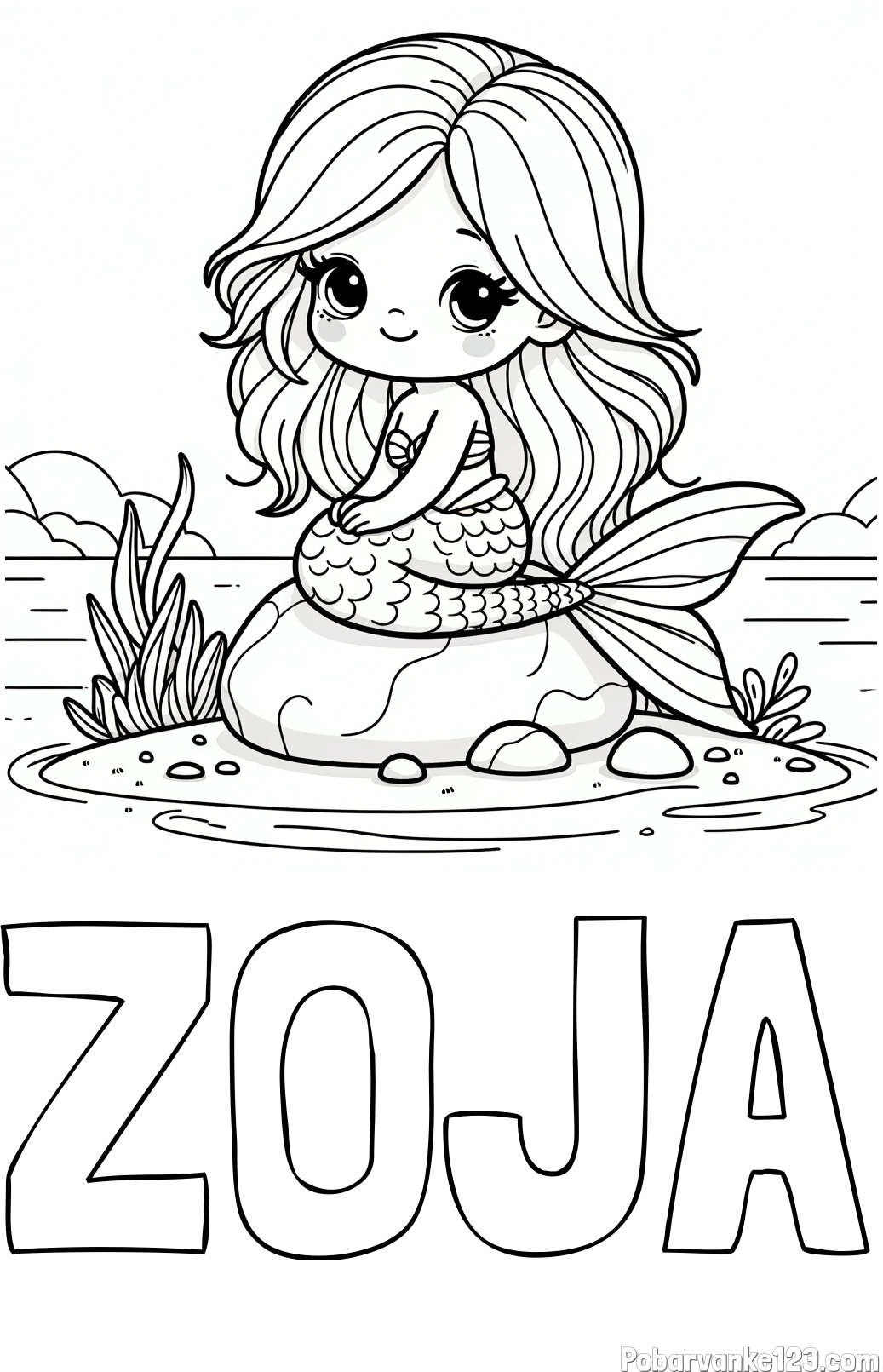 Pobarvanka imena ZOJA in pobarvanka prikupne morske deklice, ki sedi na kamnu ob obali