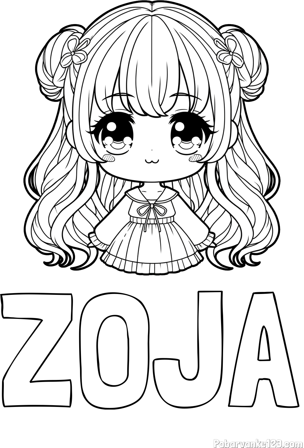 Pobarvanka imena ZOJA in pobarvanka prikupne punčke v anime slogu