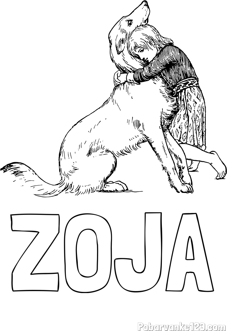 Pobarvanka imena ZOJA in pobarvanka prikupnega kužka, ki ga objema mala deklica