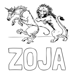 Online izdelana pobarvanka - Pobarvanka imena ZOJA in pobarvanka samoroga in leva