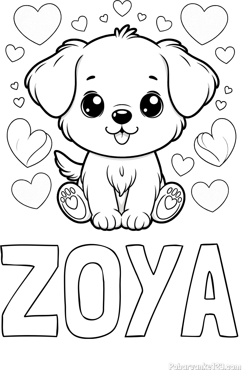 Pobarvanka imena ZOYA in pobarvanka ljubkega kužka obdanega s srčki