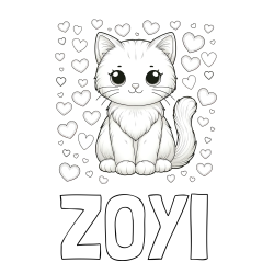 Online izdelana pobarvanka - Pobarvanka imena ZOYI in pobarvanka ljubke mucke obdane s srčki