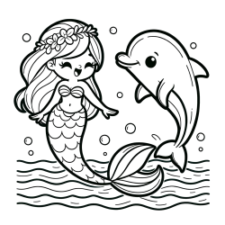 Pobarvanka ljubke morske deklice, ki pleše z delfinom