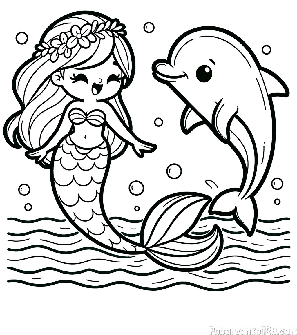 Pobarvanka ljubke morske deklice, ki pleše z delfinom