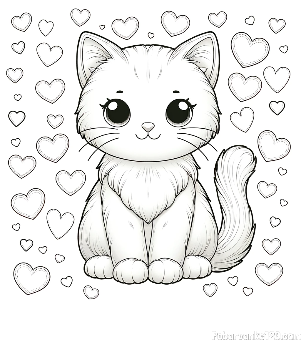 Pobarvanka ljubke mucke obdane s srčki