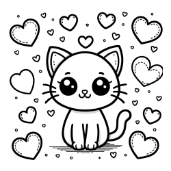 Pobarvanka ljubke mucke obdane z veliko srčki