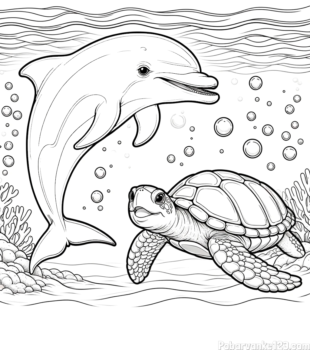 Pobarvanka ljubkega delfina in njegove prijateljice želve
