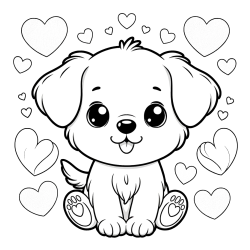 Pobarvanka ljubkega kužka obdanega s srčki