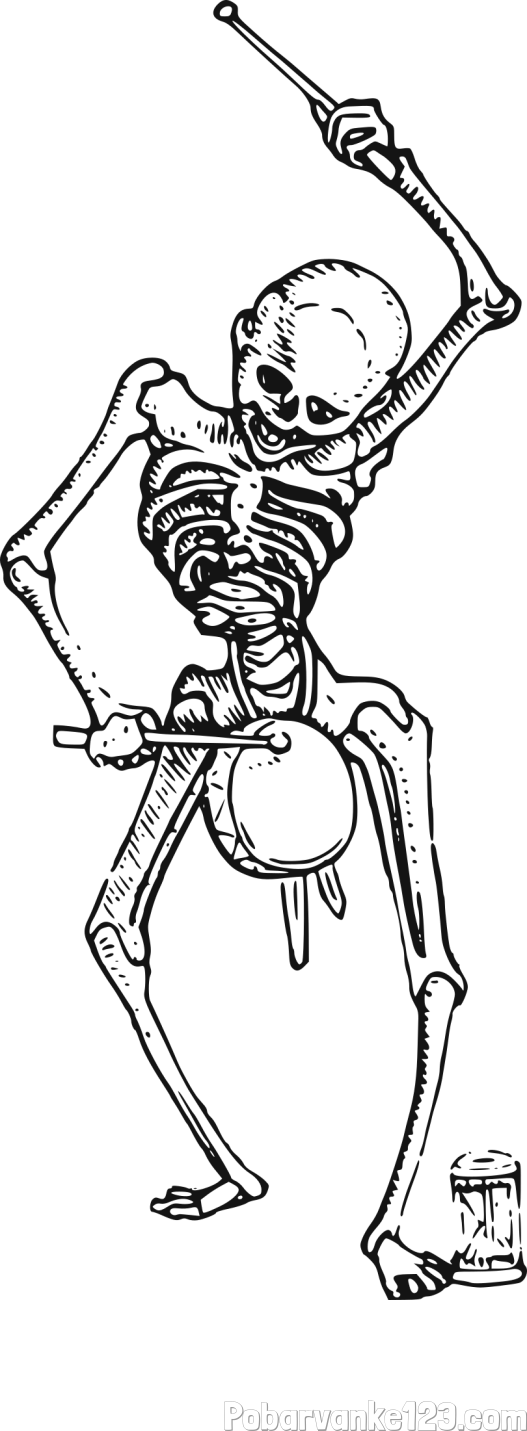Pobarvanka okostnjaka, ki igra na boben