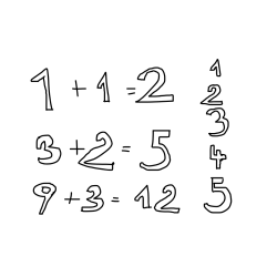 Pobarvanka preprostih izračunov (seštevanje) in števil do pet