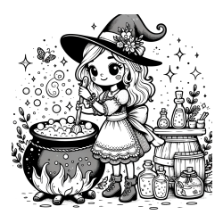 Pobarvanka prikupna čarovnica, ki pripravlja čarobni napoj