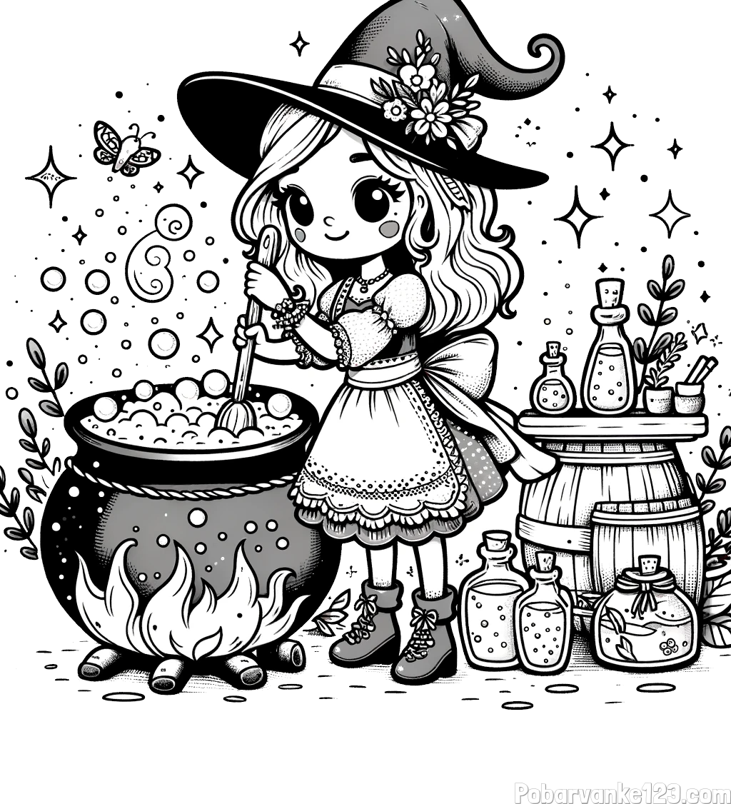 Pobarvanka prikupna čarovnica, ki pripravlja čarobni napoj