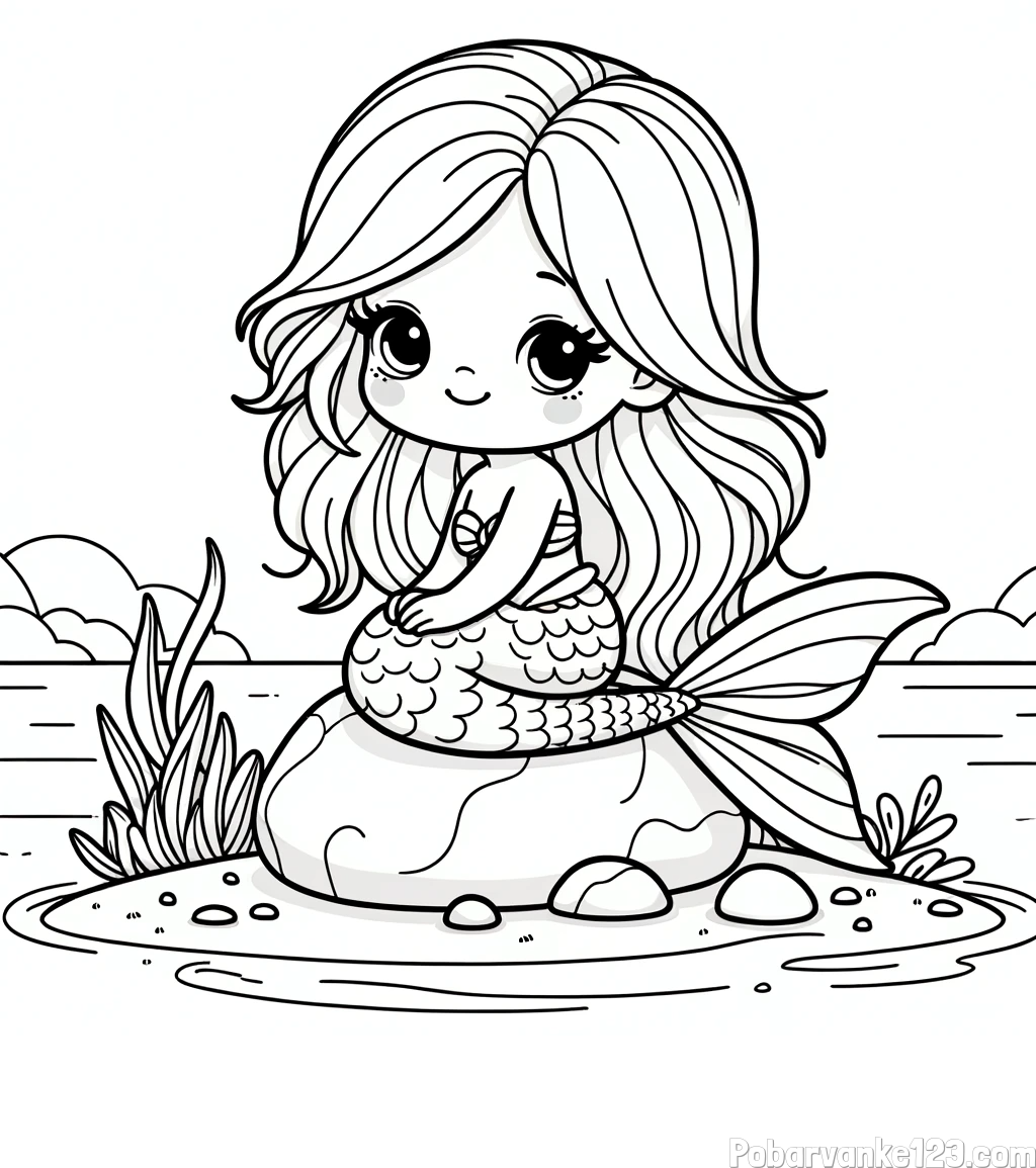 Pobarvanka prikupne morske deklice, ki sedi na kamnu ob obali