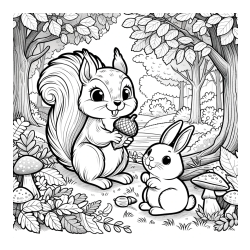 Pobarvanka veveričke in zajčka v gozdu