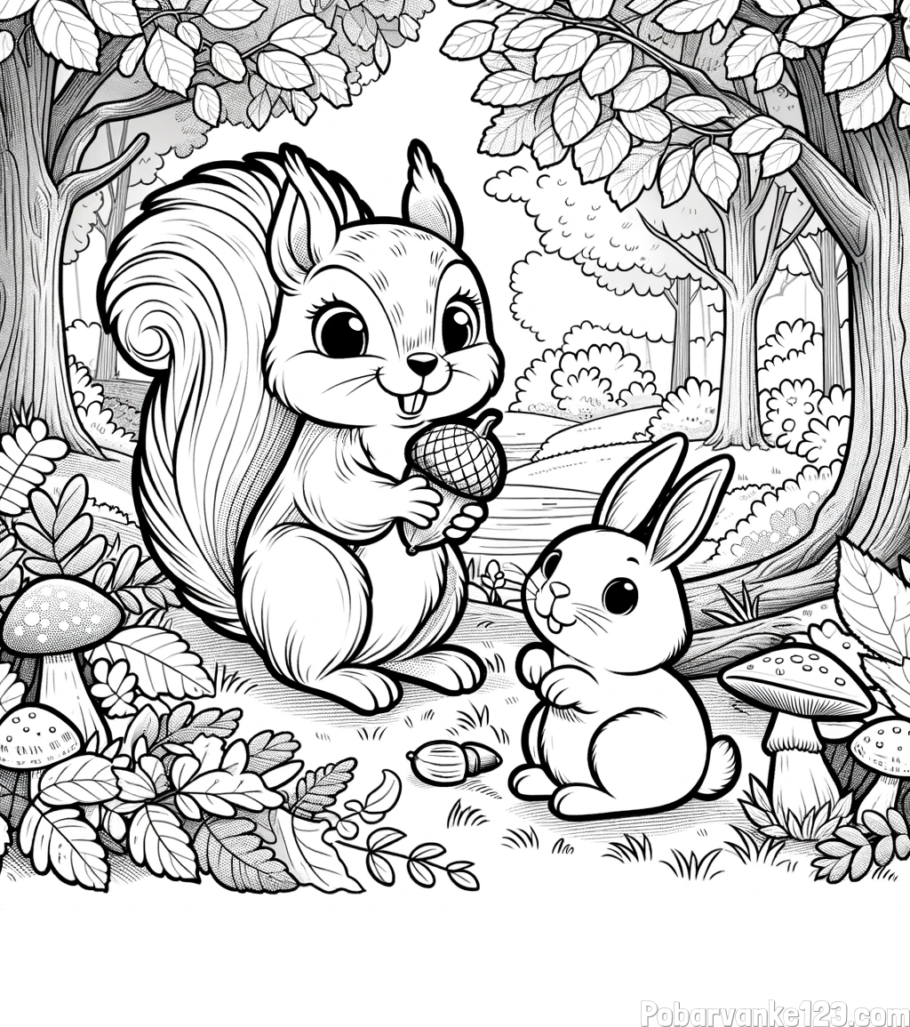 Pobarvanka veveričke in zajčka v gozdu