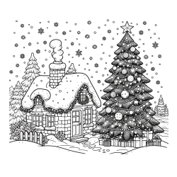 Pobarvanka zasnežene hiške na božično noč