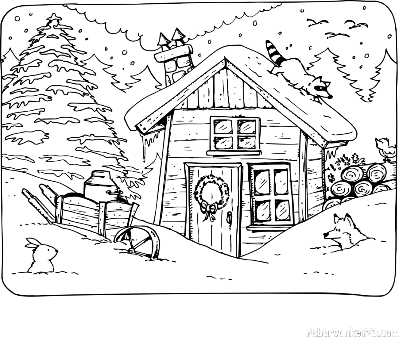 Pobarvanka zasnežene pokrajine s hiško