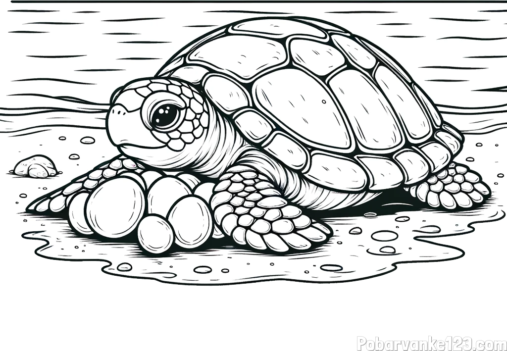 Pobarvanka želve, ki leže jajca na obali