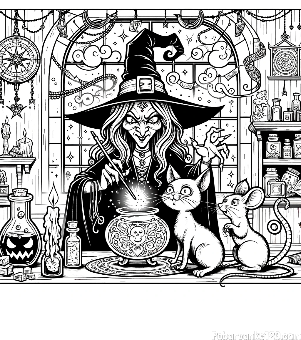 Pobarvanka zlobne čarovnice, muce in miške