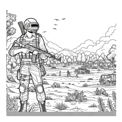 PUBG pobarvanka z glavnim likom v ospredju