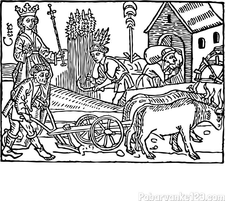 Stara pobarvanka kmečkih opravil (oranje, žetev pšenice...)